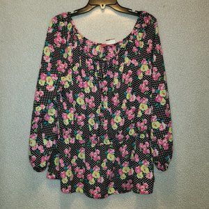 Betsey Johnson Long Sleeve Blouse Puffy Elastic Sleeve XL Black Pink Floral Whit